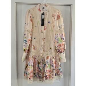 Lai Meng Five Cats Dress Sz L Drop Waist Button Cuff Open Weave Lace Trim NWT